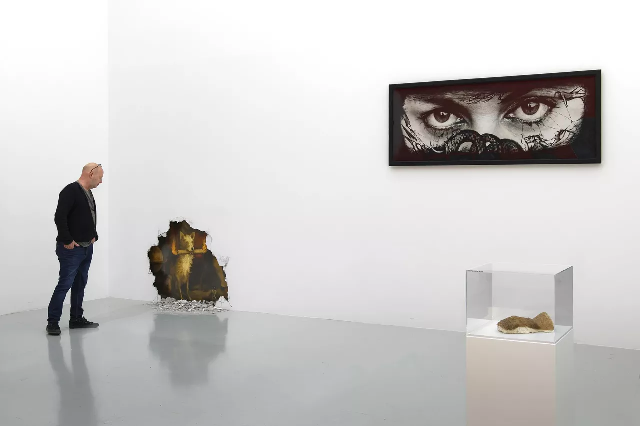 Au mur : œuvre d'Annette Messager Sous vitrine : œuvre de Patrick Neu