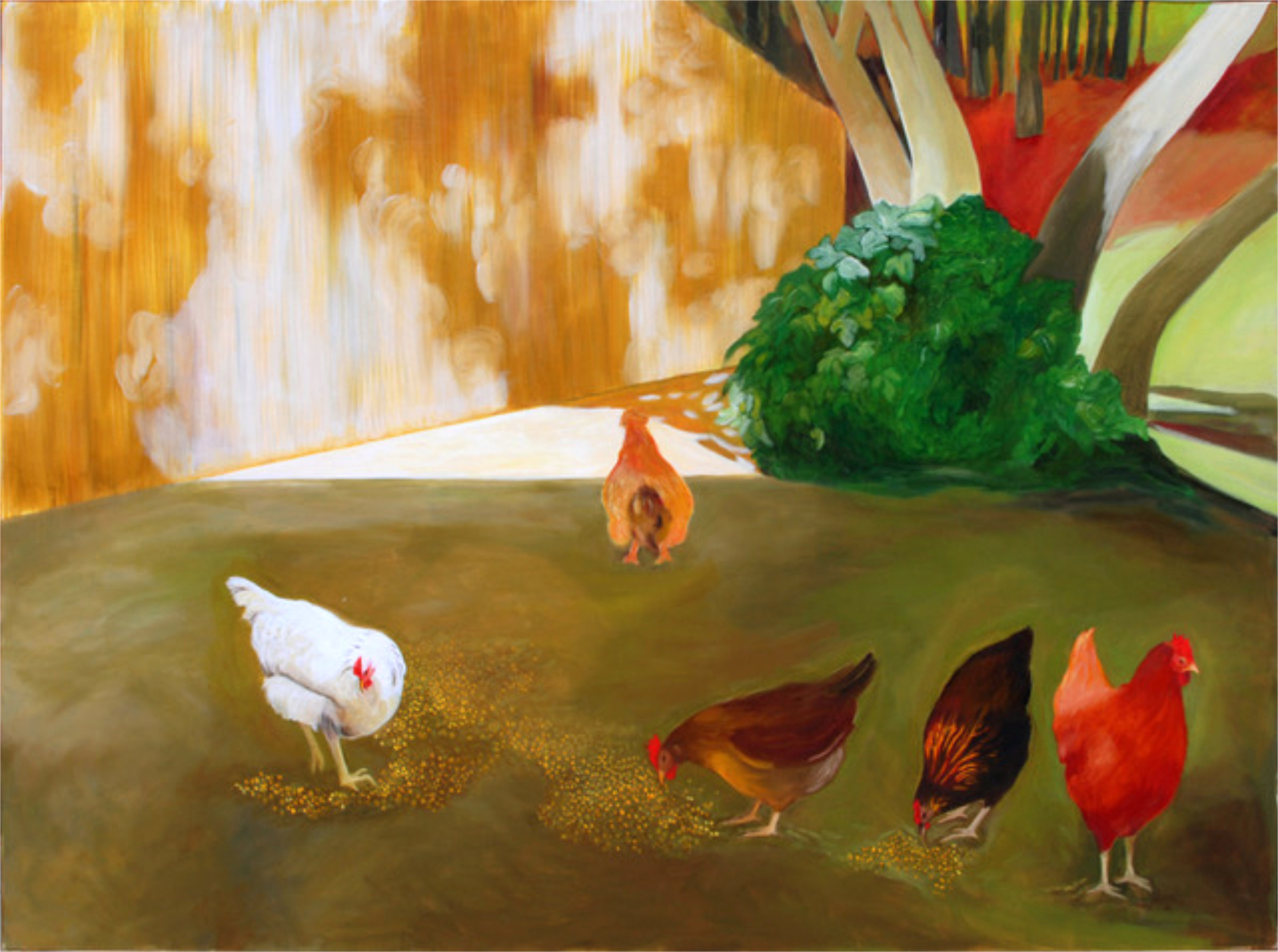 {Les cinq poules (dans le poulailler)}, 2019