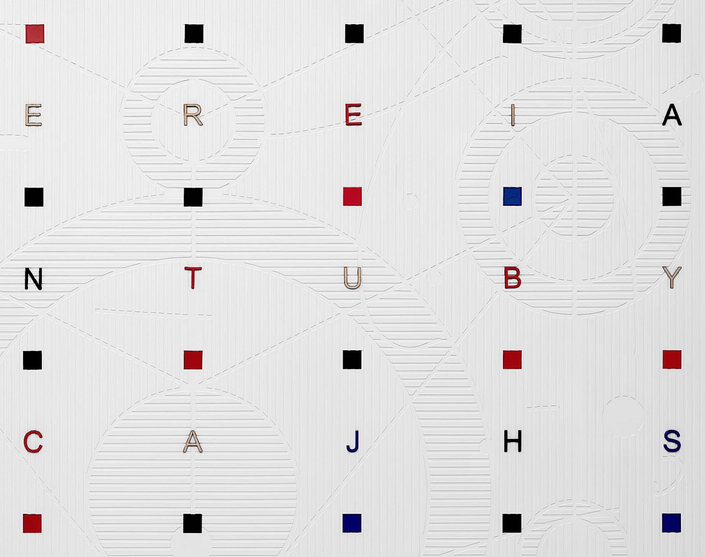 {Lettres de couleurs et carrés sur fond blanc} (détail), 2024