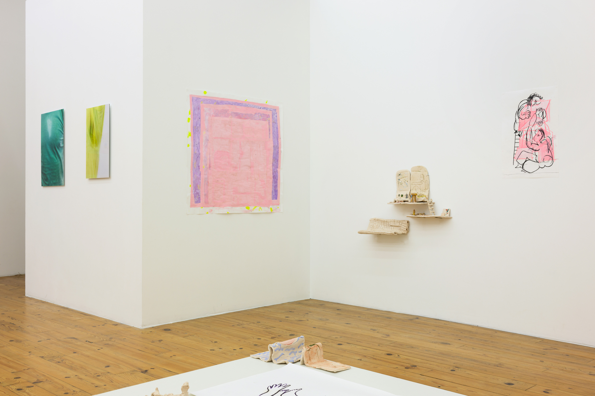 Les lignes du désir, 2024 (à gauche) Peinture à l'huile et collage sur papier, 110 x 100 cm Les deux sculpteurs, 2024 (à droite) Fusain et peinture à l'huile sur papier, 65 x 50 cm