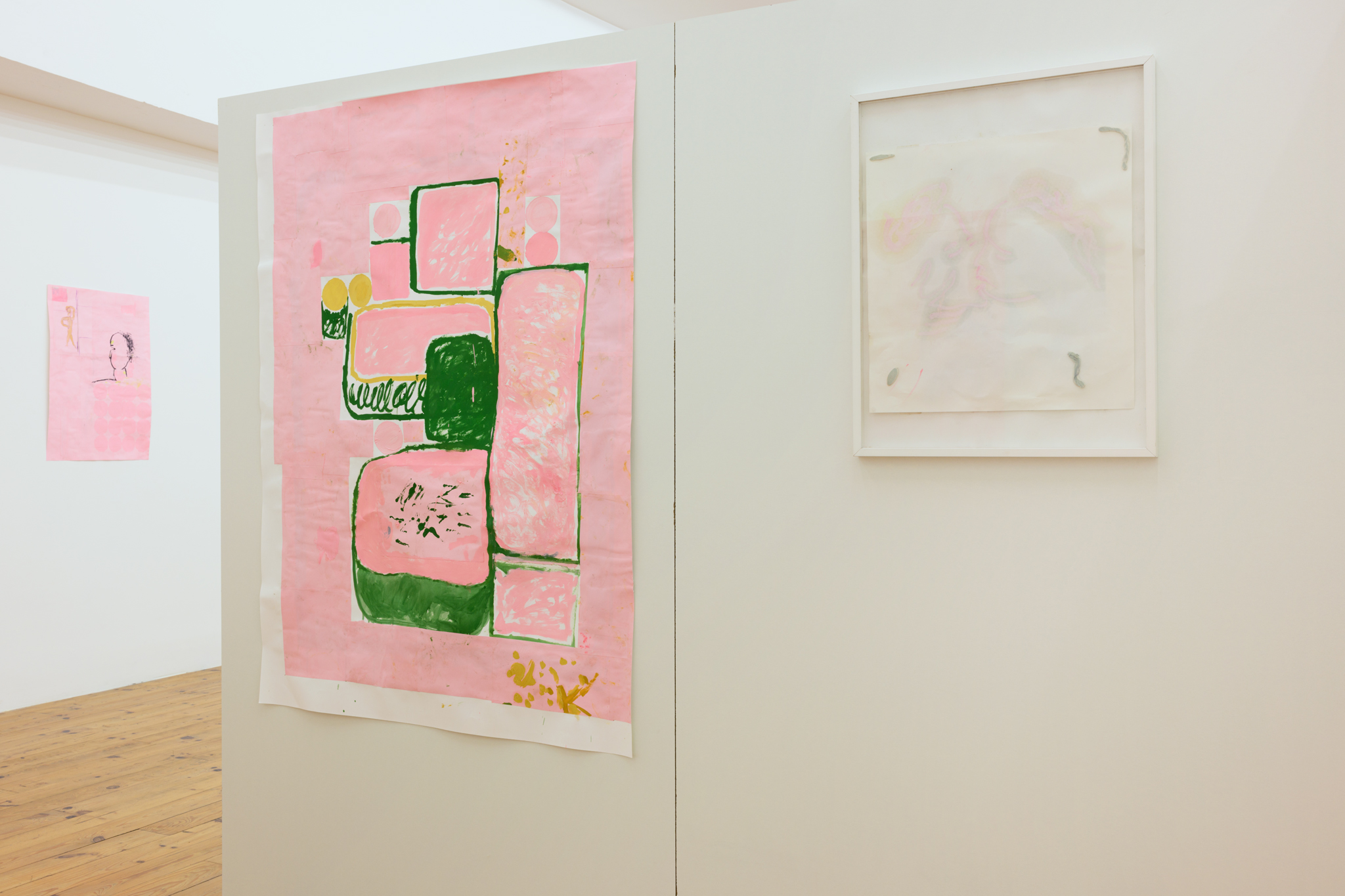 Les jardinières, 2024 (à gauche) Peinture à l'huile et collage sur papier, 150 x 110 cm Derrière le fronton, 2024 (à droite) Huile sur papier et Patafix, 65 x 50 cm