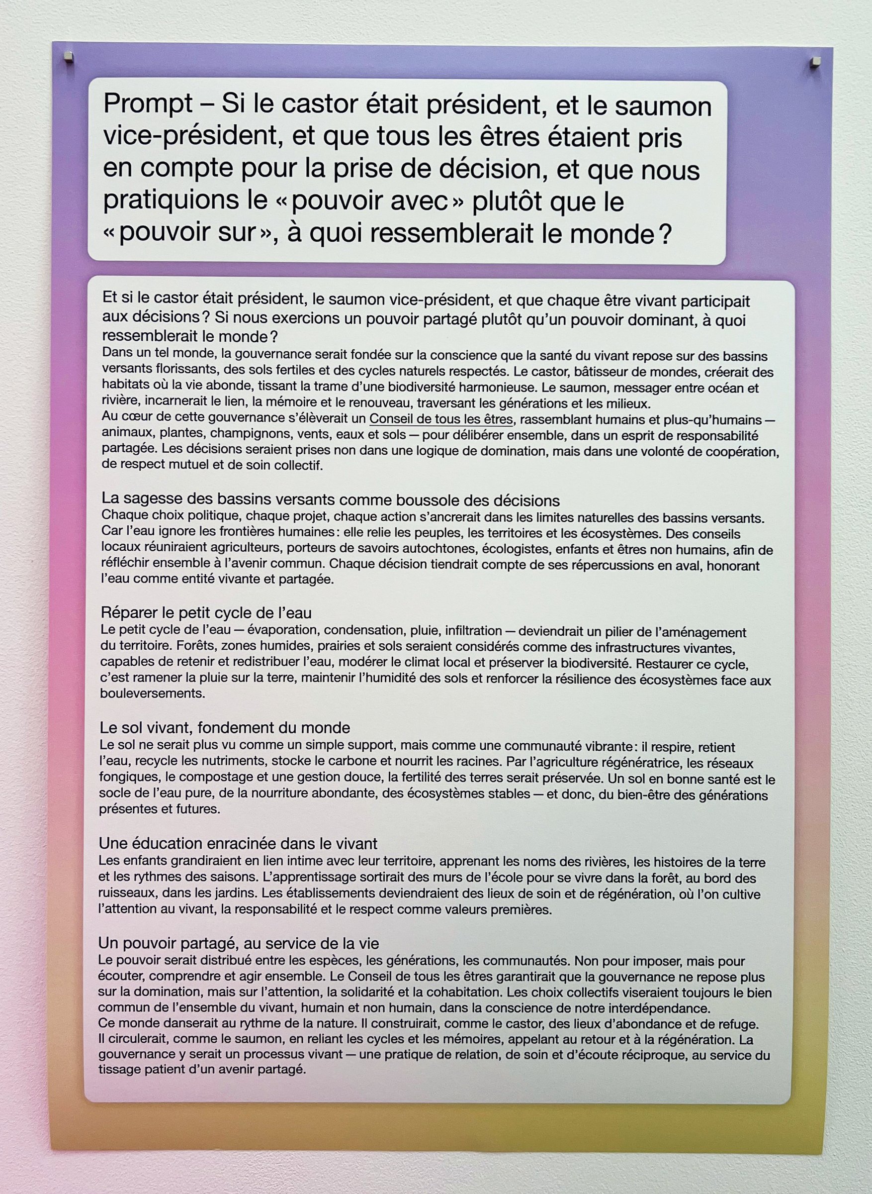 « Si le castor était président, et le saumon vice-président, et que tous les êtres étaient pris en compte pour la prise de décision, et que nous pratiquions le "pouvoir avec" plutôt que le "pouvoir sur", à quoi ressemblerait le monde ? »