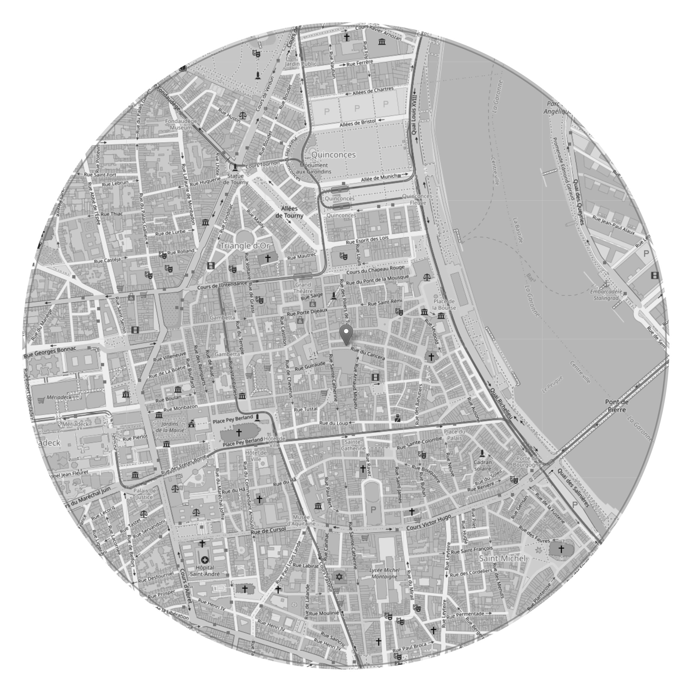 Documentation de la recherche Un cercle d'espace et de temps, carte donnant à voir la zone des déplacements autorisés durant le premier confinement (un kilomètre autour de son domicile, durant une heure par jour).