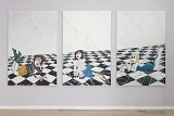 De gauche à droite : Lazy lady (fourmi), 2018 Peinture et pastel à l'huile sur toile, 110 x 170 cm Lazy lady (panthère), 2019 Peinture et pastel à l'huile sur toile, 110 x 170 cm Lazy lady (escargot), 2019 Peinture et pastel à l'huile sur toile, 110 x 170 cm Collection privée