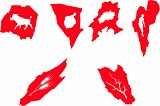 Planche de recherche de motifs pour la confection d'objets à porter : un sanglier, un gland, un raisin, une jeune fille, deux épis de blé et une branche cassée